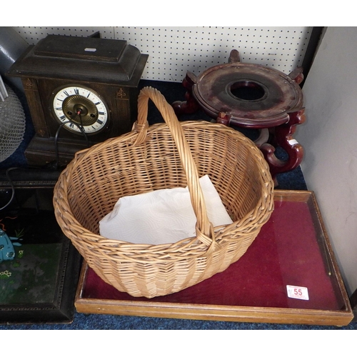 55 - A misc lot to inc, small table top display, clock, basket, resin figure, tray etc (9)