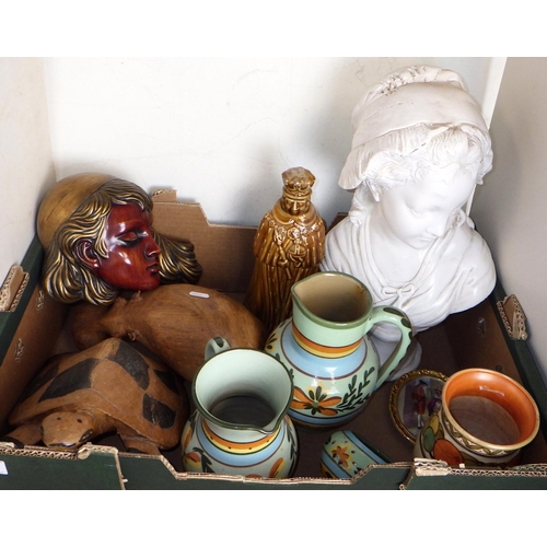 65 - A box of misc to inc pottery jugs, wall mask, plaster bust etc  af