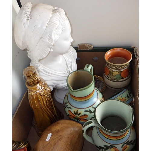 65 - A box of misc to inc pottery jugs, wall mask, plaster bust etc  af