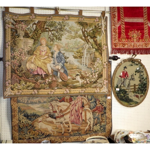 77 - Two Marc Waymel tapestry wall hangings 120 x 90cm together with a framed hunting tapestry (3)