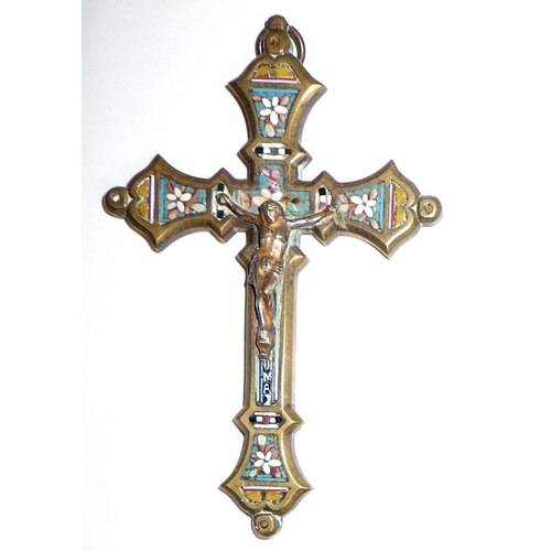 108 - A brass and enamel wall mounted cross together with a micro-mosaic crucifix and two painted putti pl... 