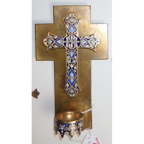 108 - A brass and enamel wall mounted cross together with a micro-mosaic crucifix and two painted putti pl... 