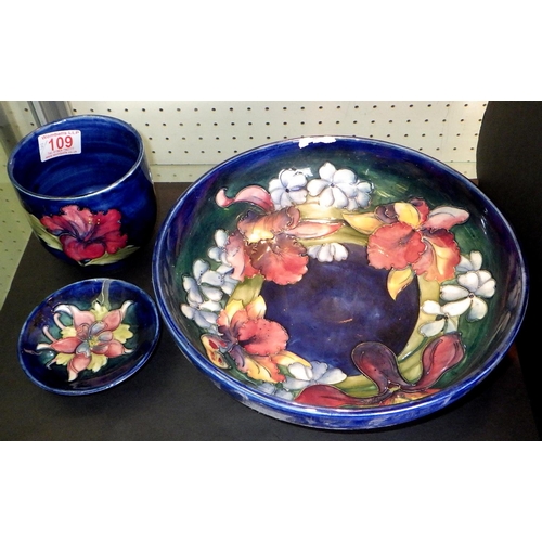 109 - A large signed Moorcroft (Walter) Orchid bowl 27cm diameter together with a similar cache pot 10cm t... 