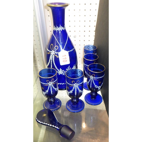 110 - A Bristol Blue Victorian enamel painted decanter and six stemmed glasses (7) one glass af