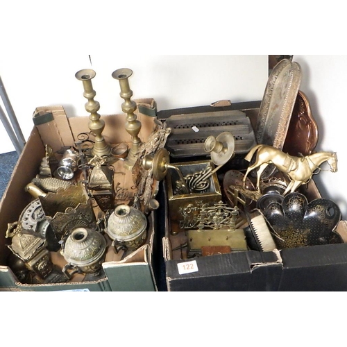 122 - Two boxes of misc metal wares to inc brass sconces, candlesticks etc (2)