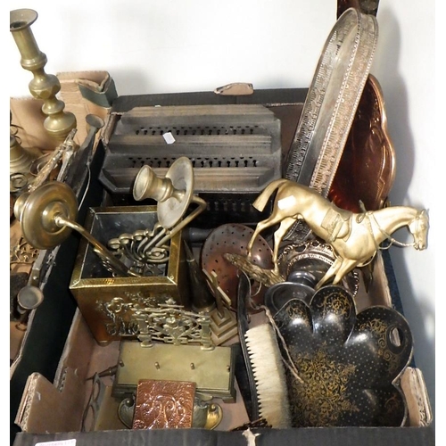 122 - Two boxes of misc metal wares to inc brass sconces, candlesticks etc (2)