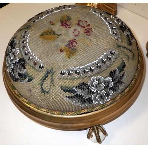 145 - A Victorian beadwork stool a pr of beadwork table top fire screens (3)