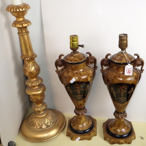 148 - A pair of modern table lamps and a large gilt stand (3)