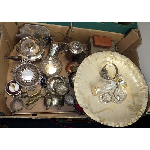 160 - Two boxes of misc silver plate & metal wares (2)