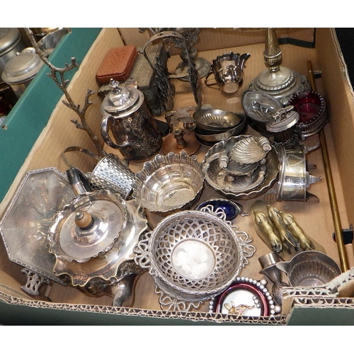 160 - Two boxes of misc silver plate & metal wares (2)