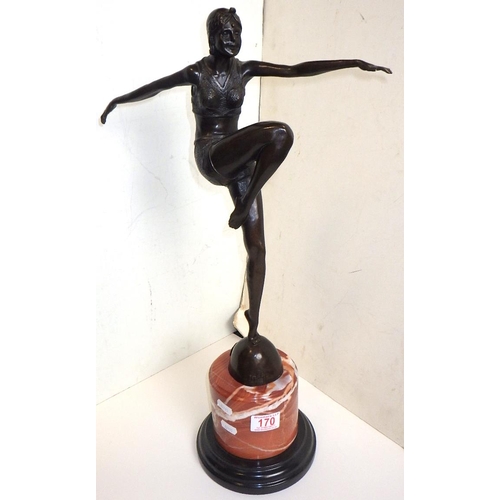 A reproduction bronze Art Deco style dancer on a marble base, after J Phillip 57cm tall