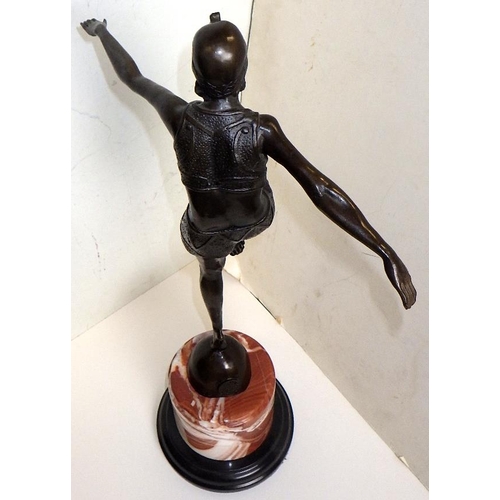 170 - A reproduction bronze Art Deco style dancer on a marble base, after J Phillip 57cm tall