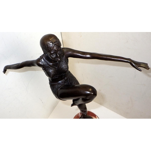 170 - A reproduction bronze Art Deco style dancer on a marble base, after J Phillip 57cm tall