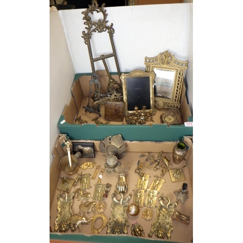 171 - Two boxes of misc brass wares to inc frames, mounts etc (2)