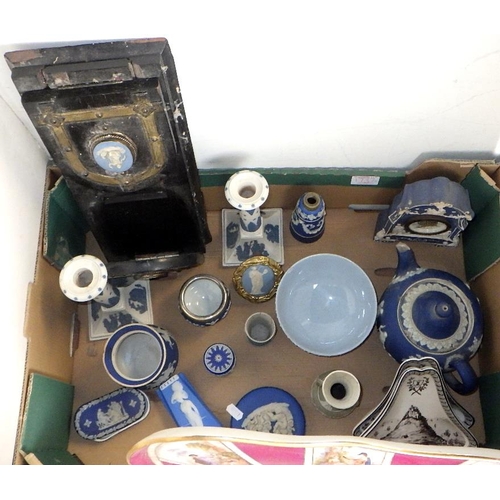 173 - Two boxes of misc ceramics to inc Jasper ware, large continental tray, painted floral bottles etc (2... 