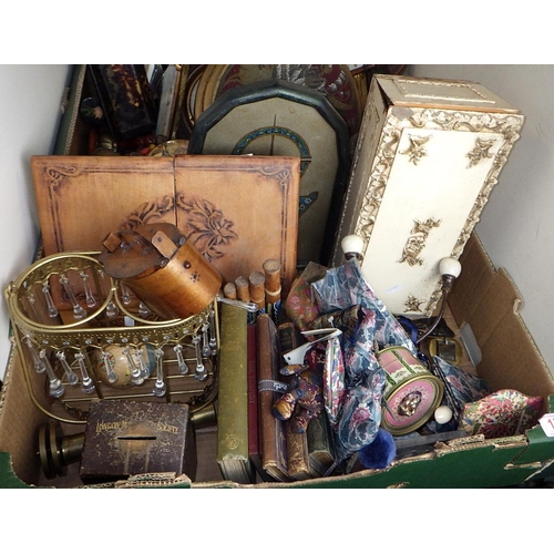 174 - Two boxes of misc collectables to inc pull-along horse, beadwork stool, books etc (2)