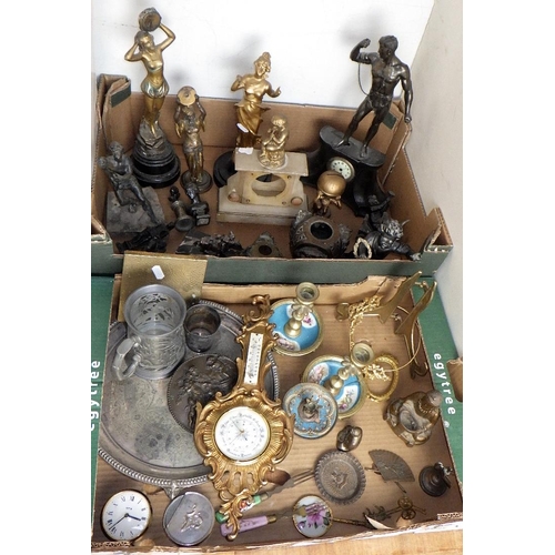 204 - Two boxes of misc metal wares to inc spelter figures, plated salver etc (2)