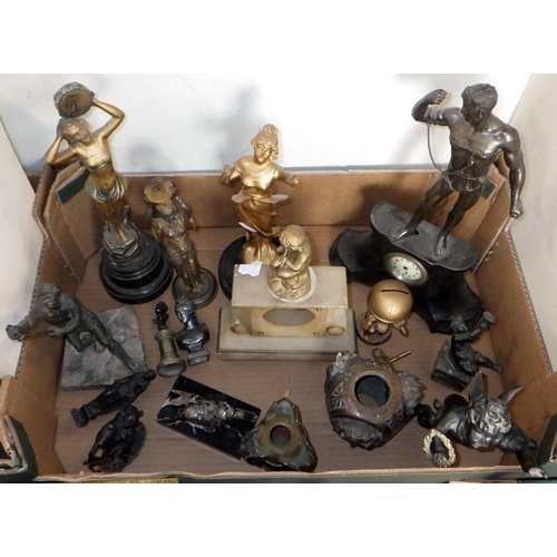 204 - Two boxes of misc metal wares to inc spelter figures, plated salver etc (2)