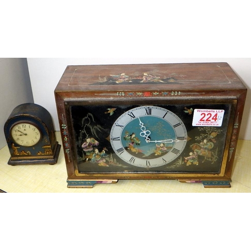 224 - A Chinoiserie decorated 8day mantle clock together with a small blue Chinoiserie bedside clock (2)