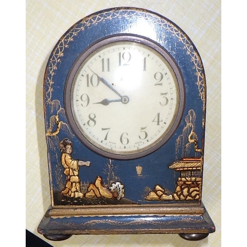 224 - A Chinoiserie decorated 8day mantle clock together with a small blue Chinoiserie bedside clock (2)