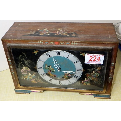 224 - A Chinoiserie decorated 8day mantle clock together with a small blue Chinoiserie bedside clock (2)