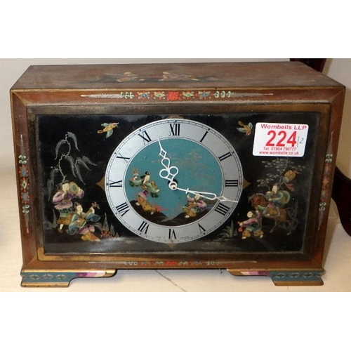 224 - A Chinoiserie decorated 8day mantle clock together with a small blue Chinoiserie bedside clock (2)