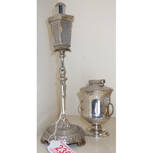 230 - A silver plated novelty street lamp table lighter 25cm tall together with a further lighter (2)