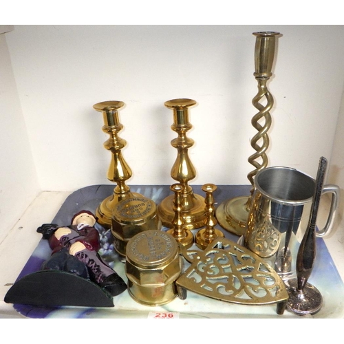 236 - A pair of brass candlesticks together with further metal wares