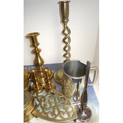 236 - A pair of brass candlesticks together with further metal wares