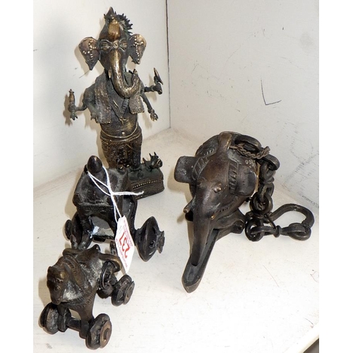 237 - A cast and filled figure of Ganesh together with a bronzed elephant and horse and carriage (3)