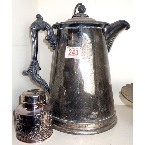 243 - A large silver plated pitcher together with further plated wares af dents