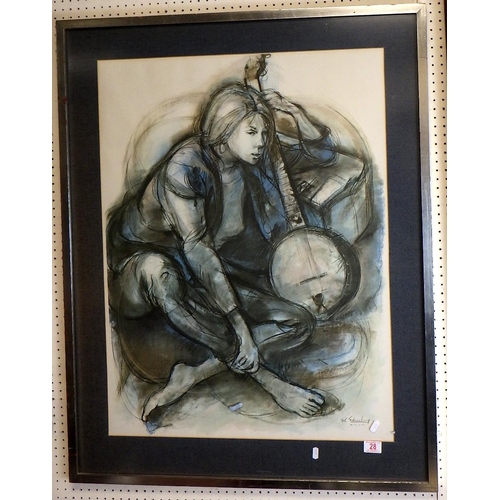 28 - A large framed print of a girl with a banjo 83 x 105cm