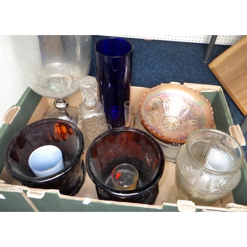 34 - A larger Hurricane lamp vase together with a pr of glass planters, carnival glass bowls etc