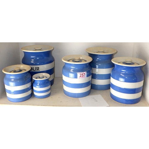 257 - A group of 6 T G Green blue and white Cornish kitchen jars