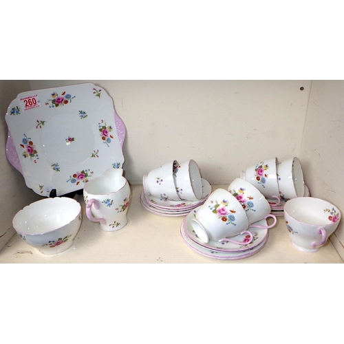 260 - A part floral Shelley tea service, sandwich plate, jug, bowl, 6 x trio's and a cup