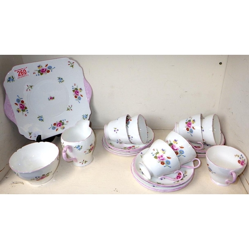 260 - A part floral Shelley tea service, sandwich plate, jug, bowl, 6 x trio's and a cup