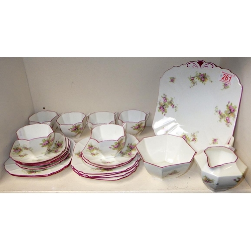 261 - A floral Shelley tea service, sandwich plate, jug, bowl, 6 x trio's.
One saucer as small crack