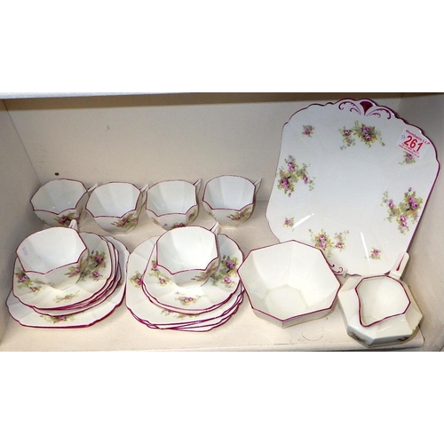 261 - A floral Shelley tea service, sandwich plate, jug, bowl, 6 x trio's.
One saucer as small crack