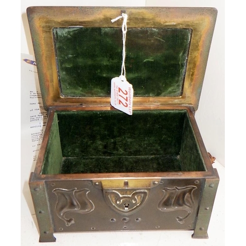 272 - A Mc Vitie & Price Art Nouveau copper and brass jewellery box / casket set with Ruskin roundels 18cm... 