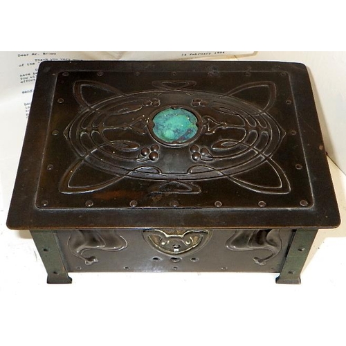 272 - A Mc Vitie & Price Art Nouveau copper and brass jewellery box / casket set with Ruskin roundels 18cm... 