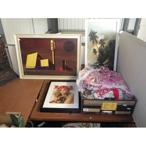 285 - A oil on board signed AS1973 together with a further oil, framed Lui Jane Fonda magazine and a qty o... 