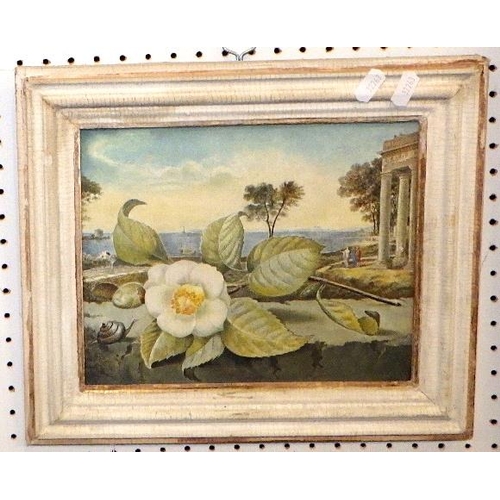 Camellia in Italian landscape, Lisa De Montfort oil on panel 34 x 30cm inc frame af