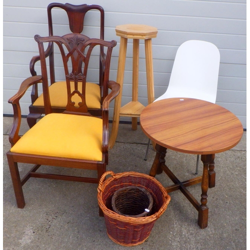 792 - Two mahogany carver chairs, pine plant stand, occasional table, white chair and two baskets (6)