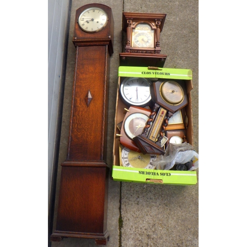 802 - A 1930's oak/ply grand daughter clock together with further clocks and a barometer
