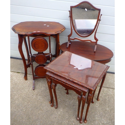 803 - A nest of three occasional tables, toilet mirror, cake stand, two further occasional tables (5)