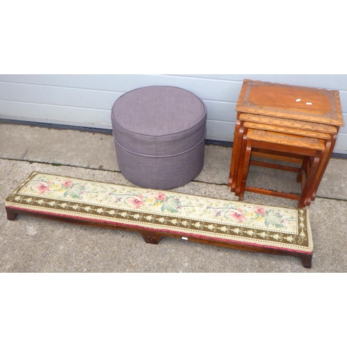 831 - A nest of three occasional tables, Church kneeler and a pouffe (3)