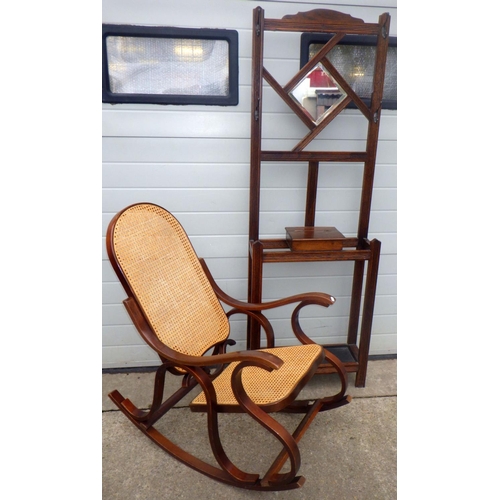 832 - A 1930's hallstand together with a caned bentwood rocking chair (2)