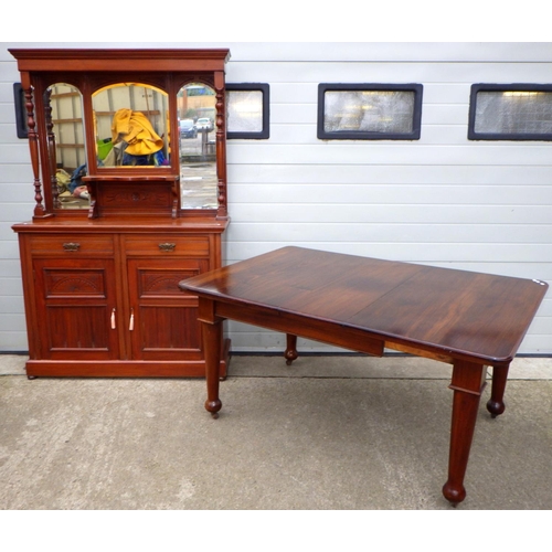 835 - A late Victorian walnut mirrorback sideboard, 123cm wide together with a dining table, missing handl... 