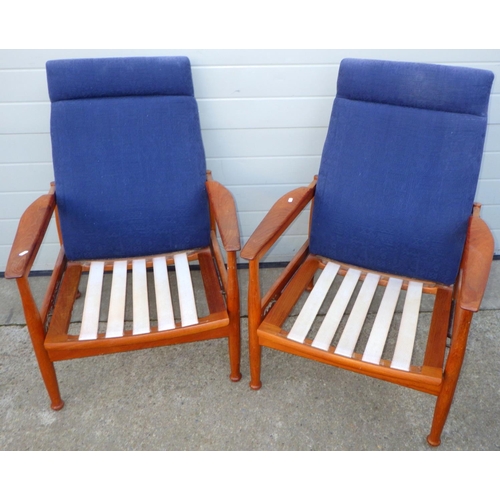 837 - A pair of teak armchair frames, marked 2nd Sept 1966