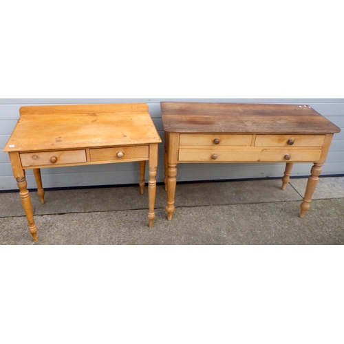847 - A stripped pine two drawer side table, together with a pine side table with hardwood top, 123cm wide... 